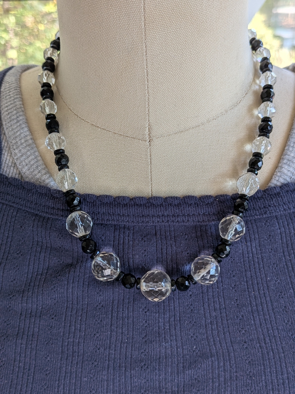 Vintage Clear & Black Faceted Cut Glass Crystal Bead Strand Necklace